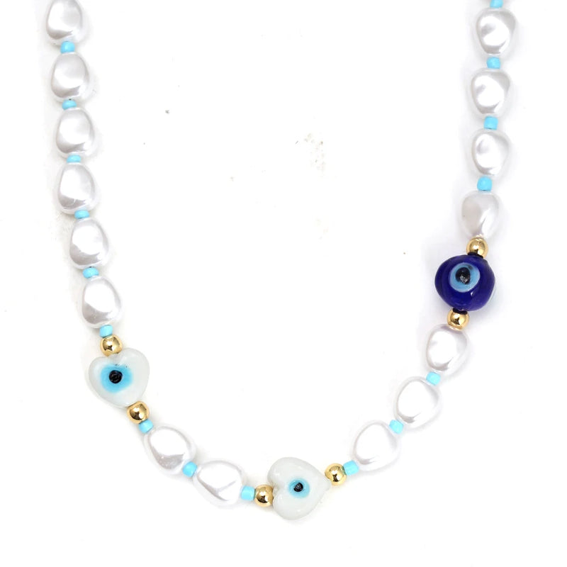 Lucky Eye Pearl Seed Beads Necklace Heart Evil Eye Bead Necklace