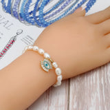 Pearl Beads Fatima Hand Evil Eye Charm Bracelet BE72
