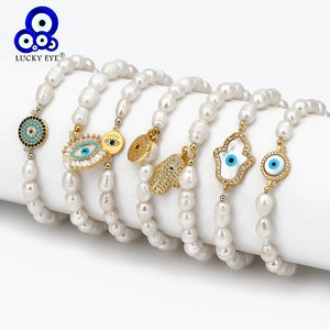 Pearl Beads Fatima Hand Evil Eye Charm Bracelet BE72
