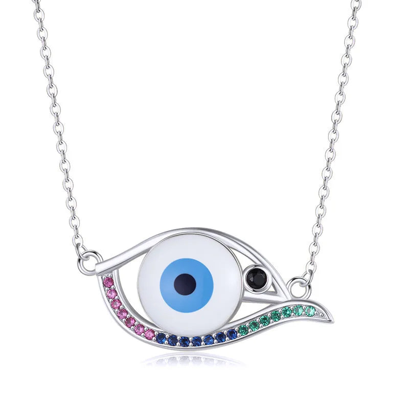 Rainbow Zircon Evil Eye Pendant Necklace S925 Sterling Silver Jewelry