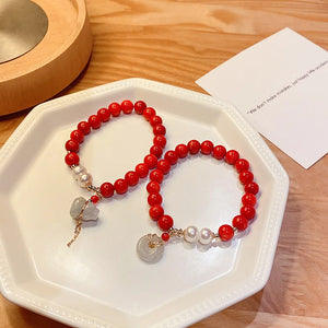 Red Chalcedony Jade Pendant Bracelet with Pearls