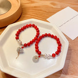 Red Chalcedony Jade Pendant Bracelet with Pearls