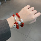 Red Chalcedony Jade Pendant Bracelet with Pearls
