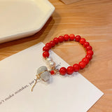 Natural Red Chalcedony Pearl Bracelet Lucky Round Jade Pendant Fine Jewelry