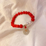 Red Chalcedony Jade Pendant Bracelet with Pearls