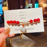 Red Chalcedony Jade Pendant Bracelet with Pearls