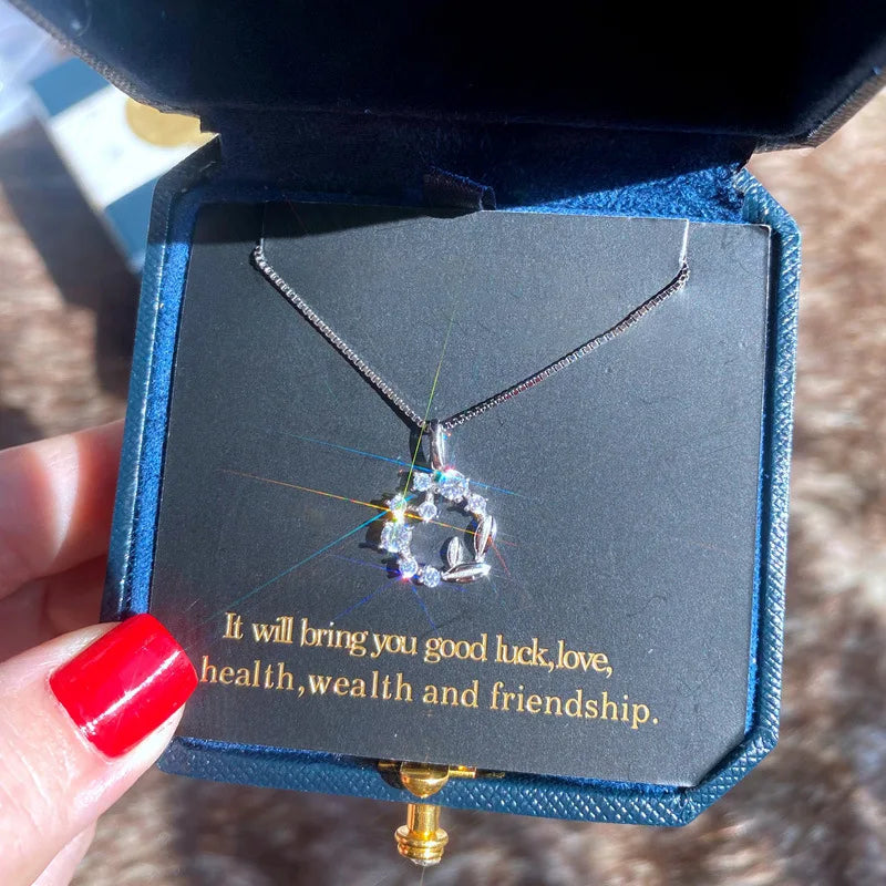 925 Silver Lucky Flower Circle Charm Necklace with Diamond Leaf Set