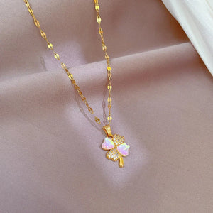 Opal Flower Necklace for Women Stainless Steel Clover Pendant