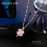 Opal Flower Necklace for Women Stainless Steel Clover Pendant