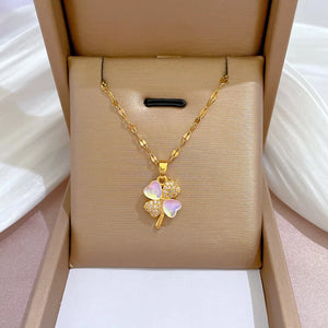 Opal Flower Necklace for Women Stainless Steel Clover Pendant