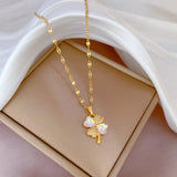 Opal Flower Necklace for Women Stainless Steel Clover Pendant