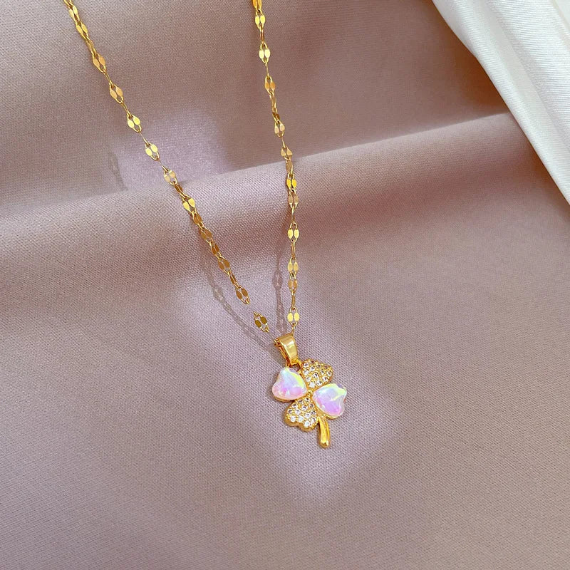 Opal Flower Necklace for Women Stainless Steel Clover Pendant