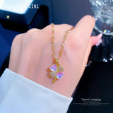 Opal Flower Necklace for Women Stainless Steel Clover Pendant
