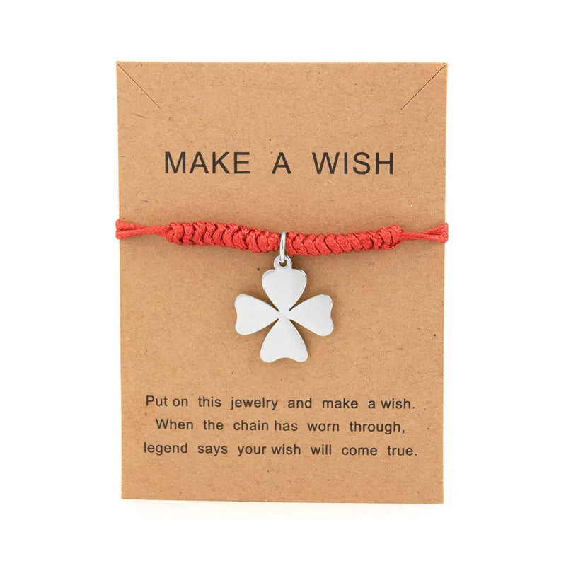 4 Leaf Clover Amulet Bracelet Heart Lock Key Charm Stainless Steel Red