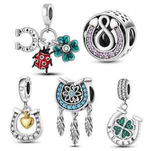 Four Leaf Clover Dreamcatcher Horseshoe Dangle Charm Silver 925