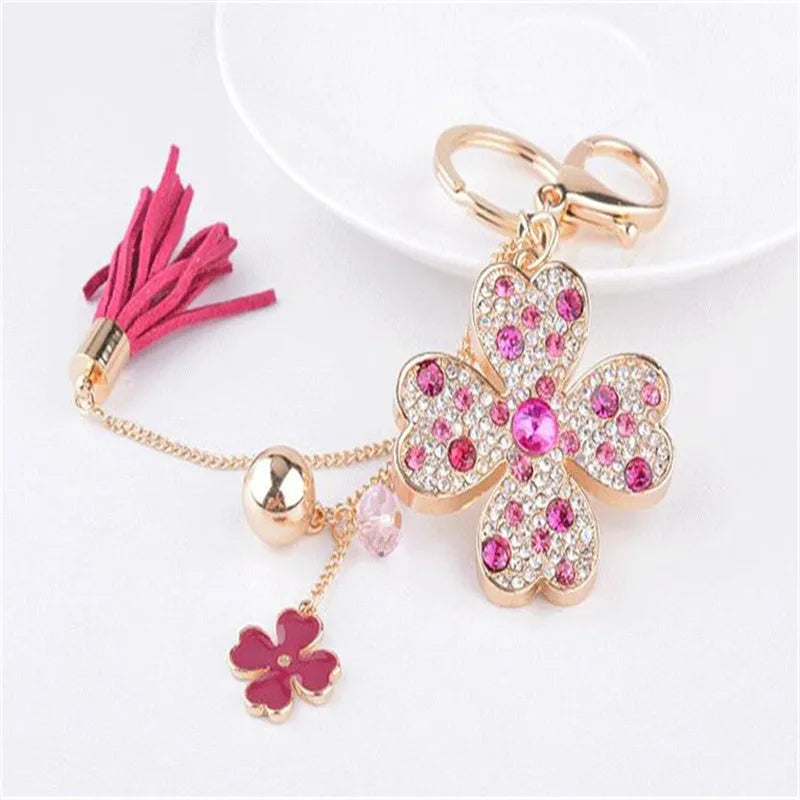 Four Leaves Clover Crystal Key Ring Tassel Car Key Chain Holder