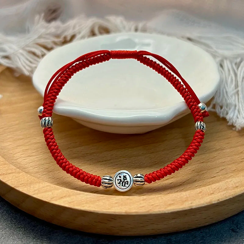 925 Sterling Silver Blessing Chinese Character Red Rope Bracelet
