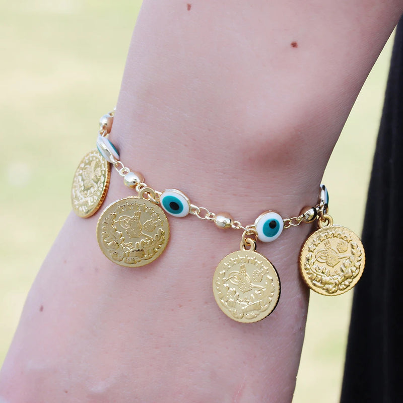 Lucky Green Evil Eye Bracelet 18k Real Plated Coin Link