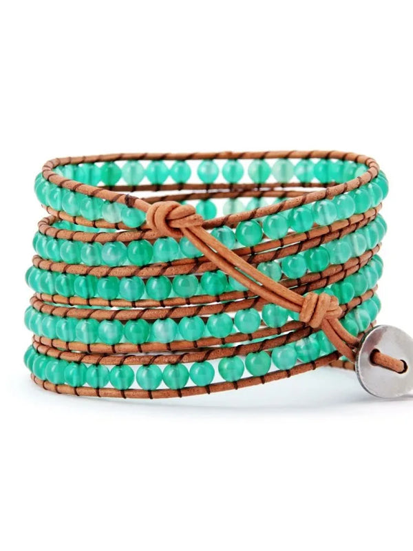 Green Agate Beaded Bracelets Boho Leather Wrap Bracelet Spiritual Jewelry