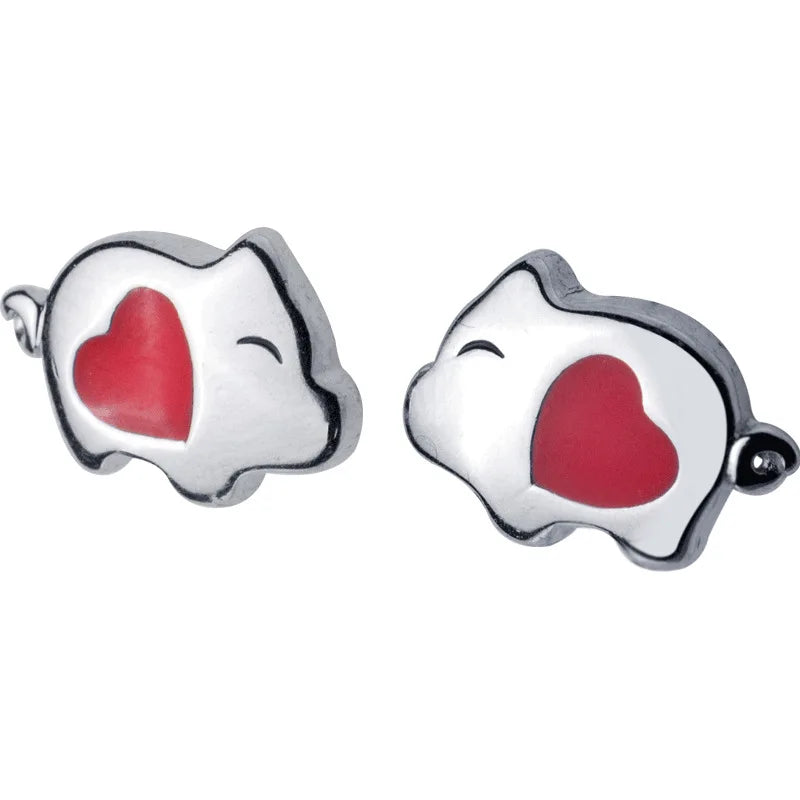 Red Pig Animal Stud Earrings 925 Sterling Silver Prevent Allergy Girl Jewelry