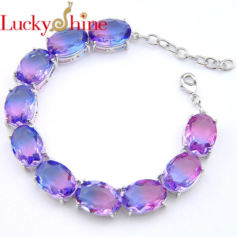 Bi-Colored Tourmaline Purple Crystal Silver Chain Bracelet
