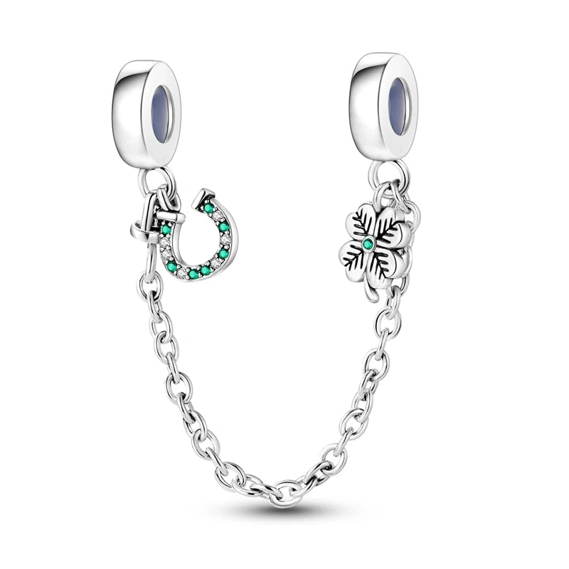 Lucky Clover Horseshoe Safety Chain Beads Stopper Silver Charm Bracelet DIY