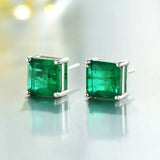 925 Silver Emerald Stud Earrings 3 Carats 7*7 Square Green Natural Women