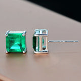 925 Silver Emerald Stud Earrings 3 Carats 7*7 Square Green Natural Women