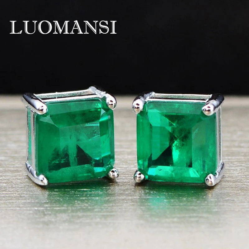 925 Silver Emerald Stud Earrings 3 Carats 7*7 Square Green Natural Women