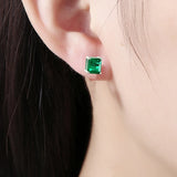 925 Silver Emerald Stud Earrings 3 Carats 7*7 Square Green Natural Women