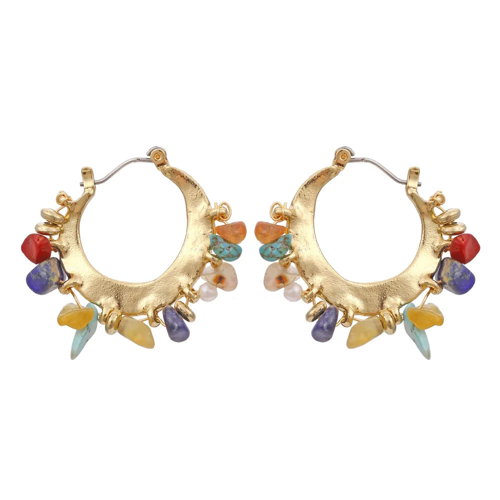 Bohemian Vintage Latch Back Hoop Earrings with Natural Stone Charm