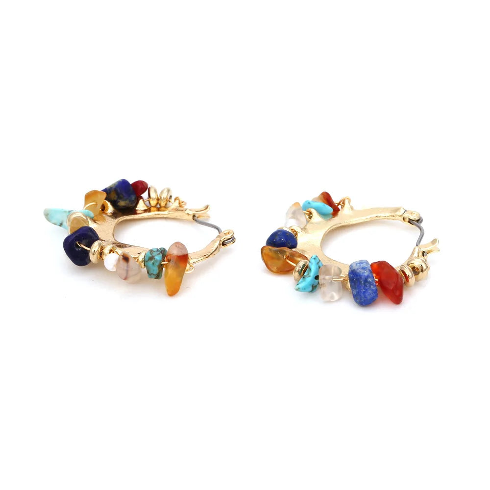 Bohemian Vintage Latch Back Hoop Earrings with Natural Stone Charm