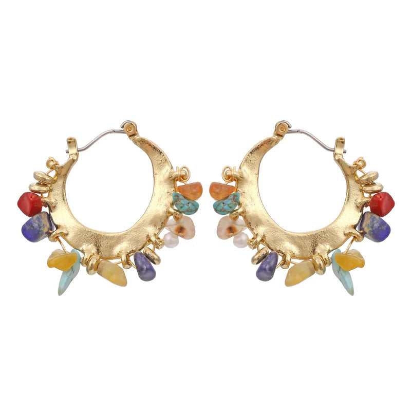 Bohemian Vintage Latch Back Hoop Earrings with Natural Stone Charm