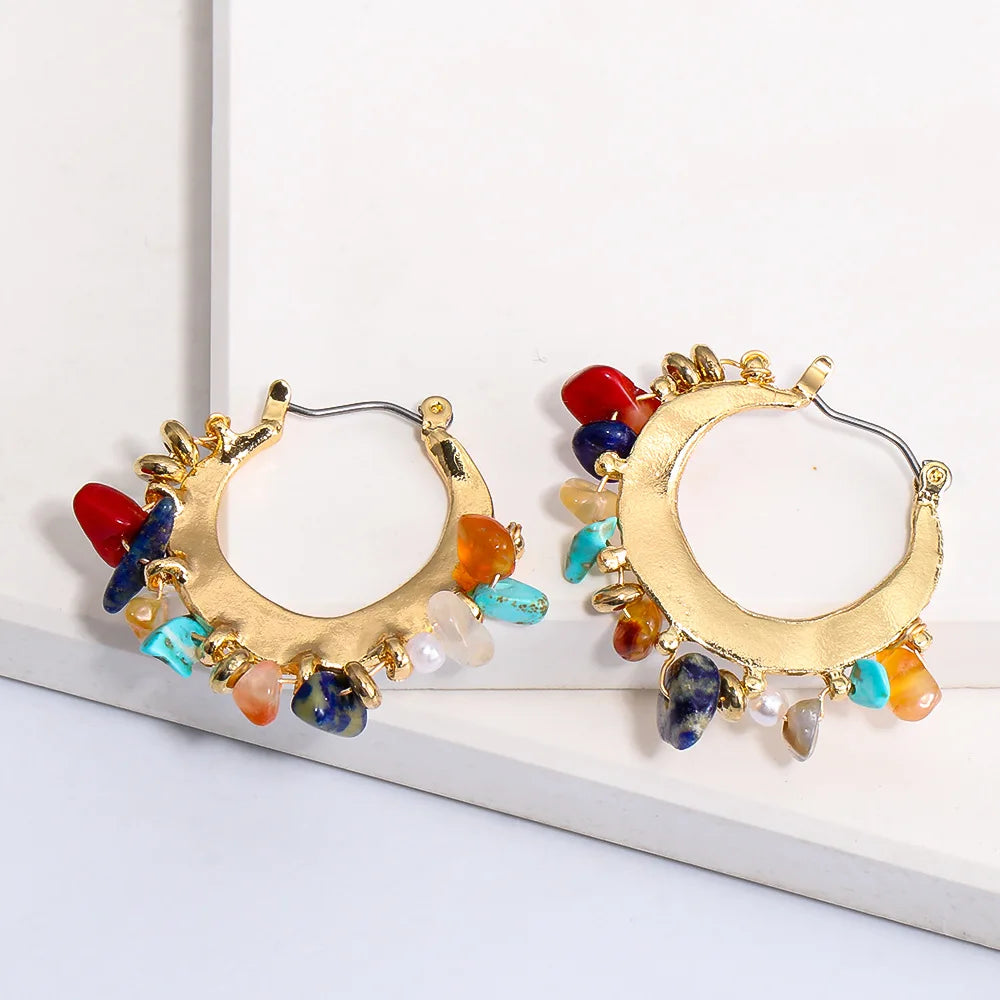 Bohemian Vintage Latch Back Hoop Earrings with Natural Stone Charm