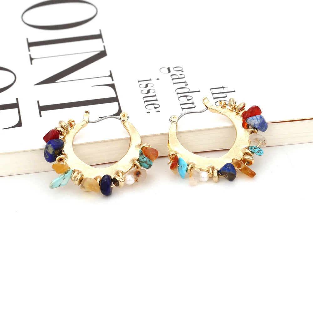 Bohemian Vintage Latch Back Hoop Earrings with Natural Stone Charm