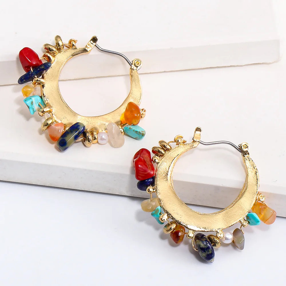Bohemian Vintage Latch Back Hoop Earrings with Natural Stone Charm
