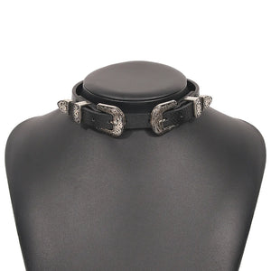 Punk Leather Choker Necklace with Double Buckle Clasp