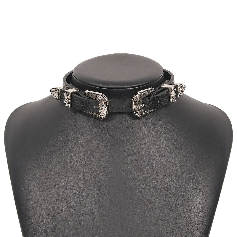 Punk Leather Choker Necklace with Double Buckle Clasp