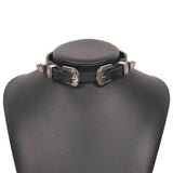 Punk Leather Choker Necklace with Double Buckle Clasp