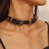 Punk Leather Choker Necklace with Double Buckle Clasp