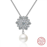 Silver Pearl Pendant Necklace Crystal Snowflake Chain