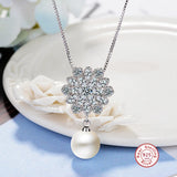 Silver Pearl Pendant Necklace Crystal Snowflake Chain