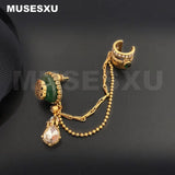 Zircon Water Drop Pendant Turquoise Inlaid Golden Earbone Clip Earrings