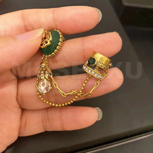 Zircon Water Drop Pendant Turquoise Inlaid Golden Earbone Clip Earrings
