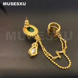 Zircon Water Drop Pendant Turquoise Inlaid Golden Earbone Clip Earrings