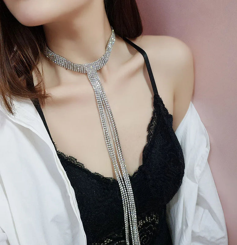 Rhinestone Tassels Chokers Necklaces Micro Mosaic Geometry Neck Chain