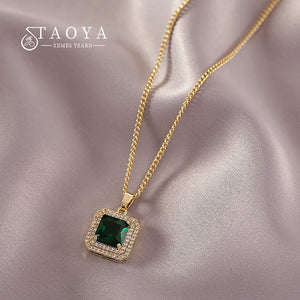 Green Zircon Geometric Square Pendant Short Necklace