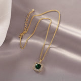 Green Zircon Geometric Square Pendant Short Necklace