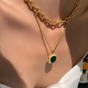 Green Zircon Geometric Square Pendant Short Necklace