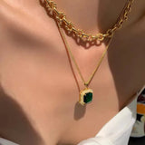 Green Zircon Geometric Square Pendant Short Necklace